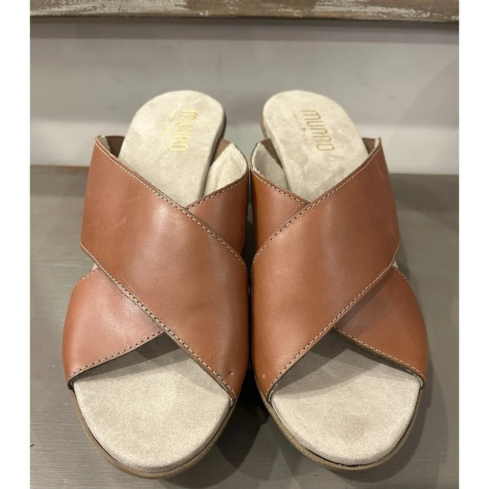 Munro‎ American Yuma Women's Sandals Criss Cross Brown Slip On Sz 8M Made in USA
